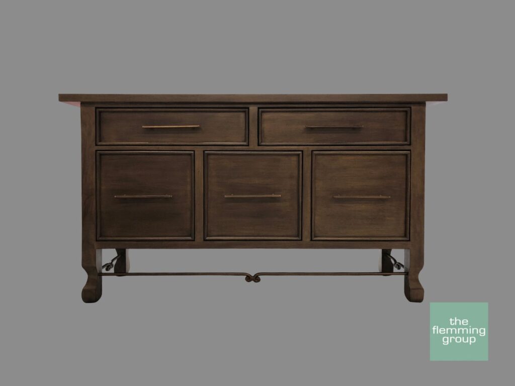 A brown dresser with two drawers and four doors.