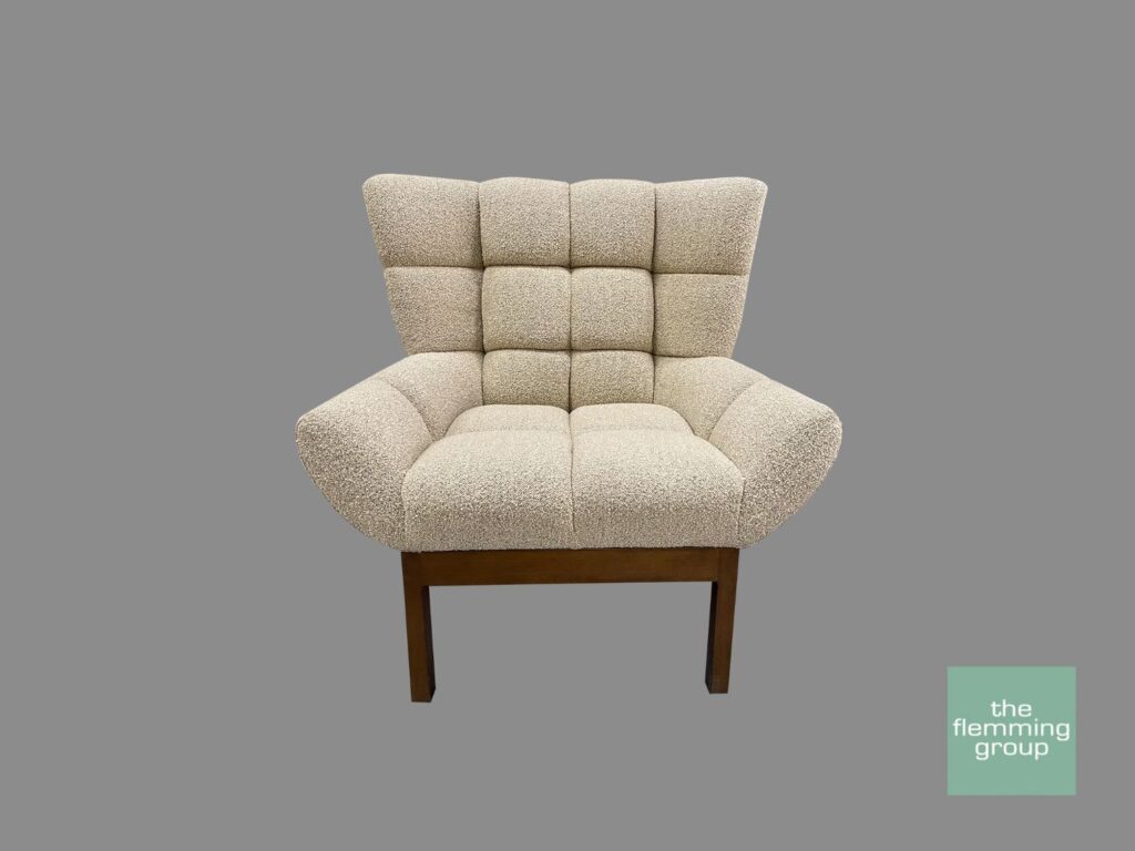 A chair with a wooden frame and beige fabric.