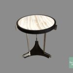 A table with a round top and metal legs.