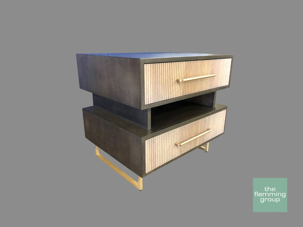 A pair of drawers with gold handles on top.