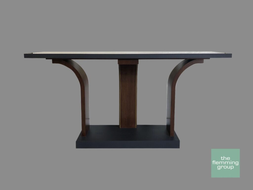 A table with two legs and a black base