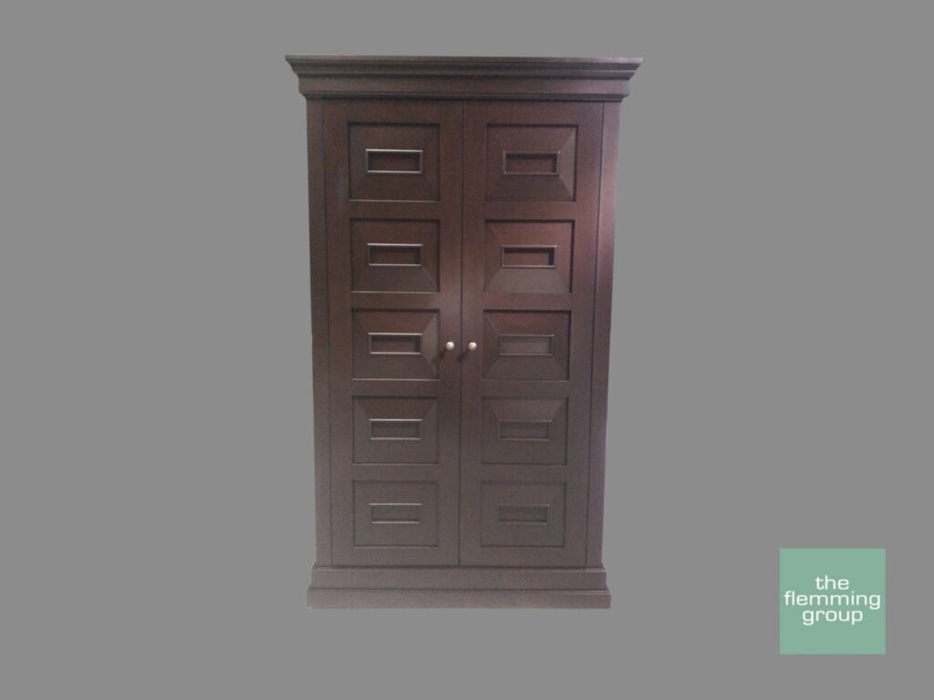 A large wooden cabinet with two doors and one drawer.
