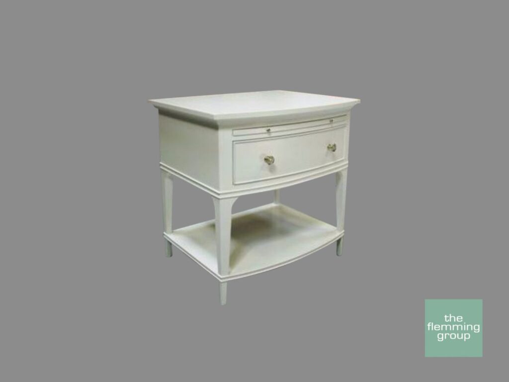 A white table with one drawer and two shelves.