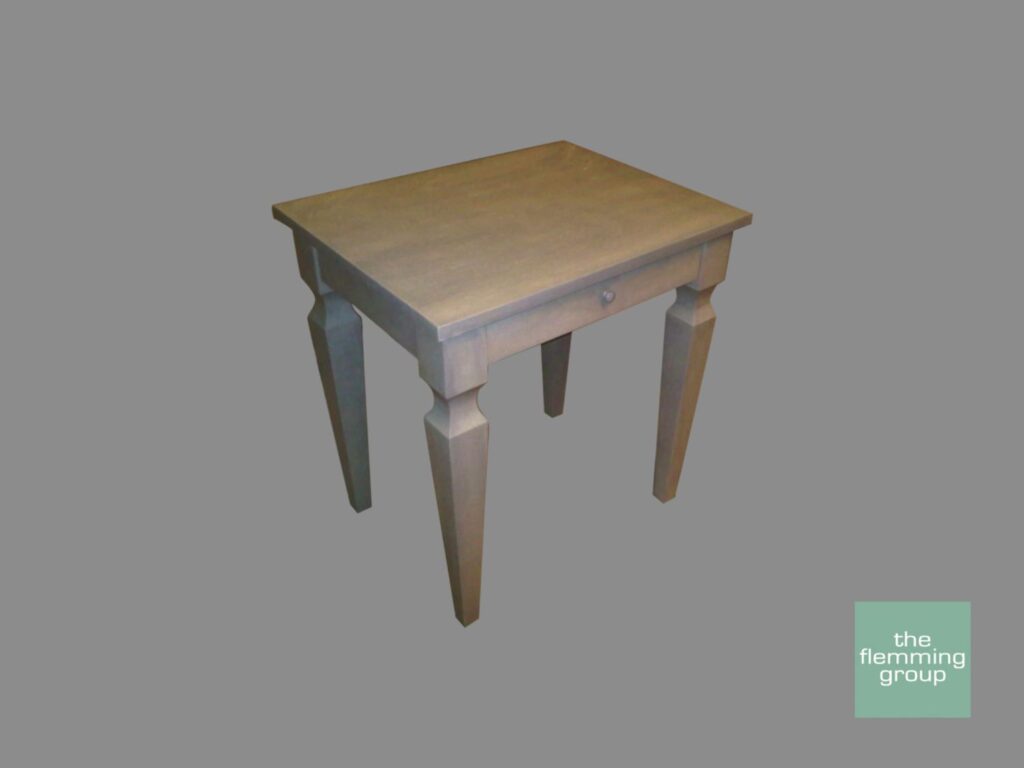 A wooden table with legs and a gray background
