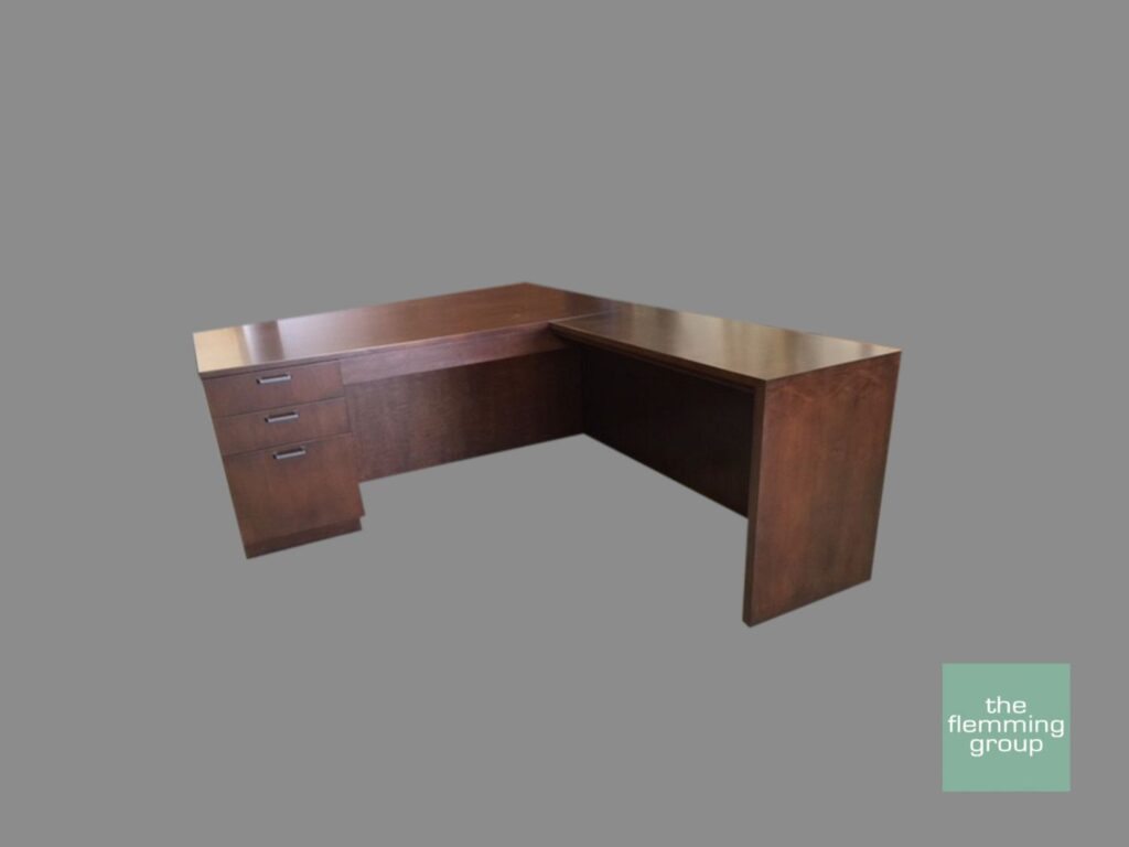 A wooden desk with two drawers and one large open space.