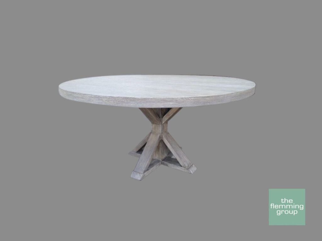 A white table with two wooden legs on top of it.