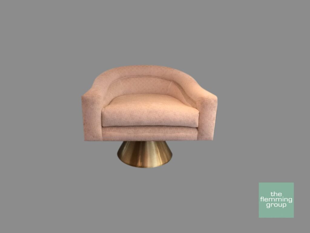 A chair with a metal base and pink fabric.