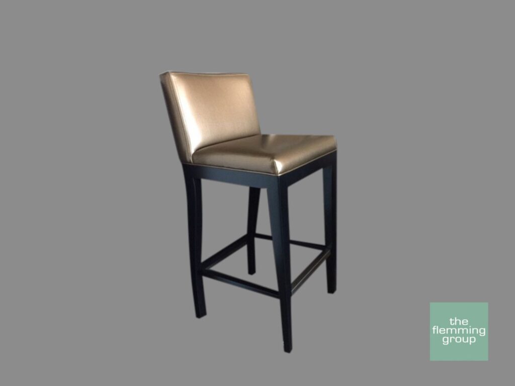 A chair with a silver seat and black legs.