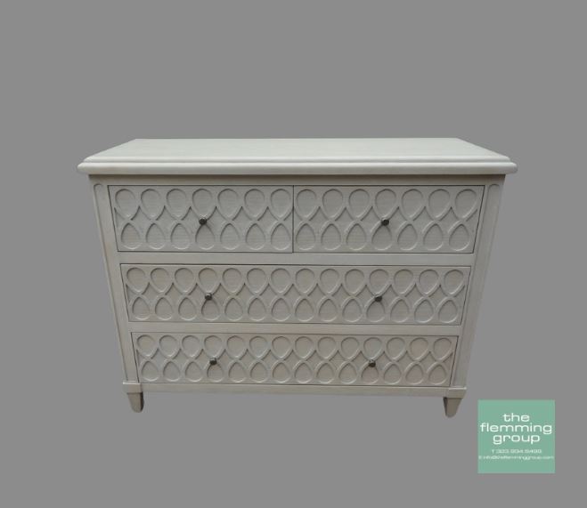 A white dresser with three drawers and a gray background