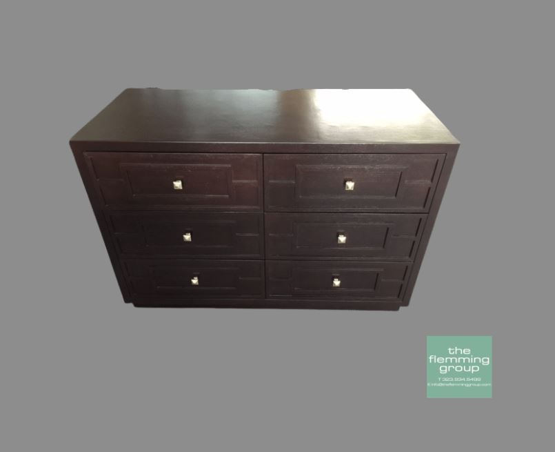 A dark brown dresser with six drawers.