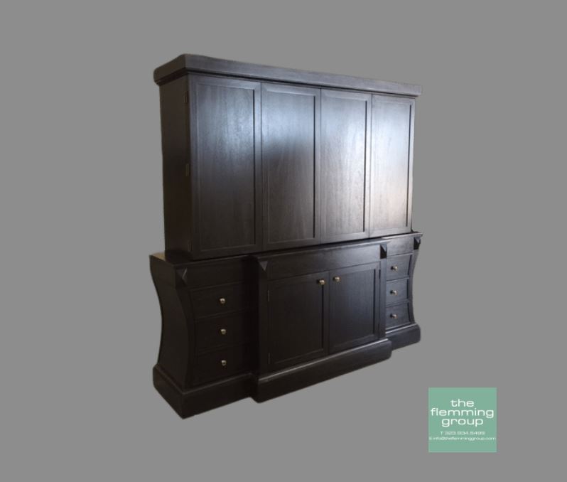 A large black cabinet with two doors and drawers.
