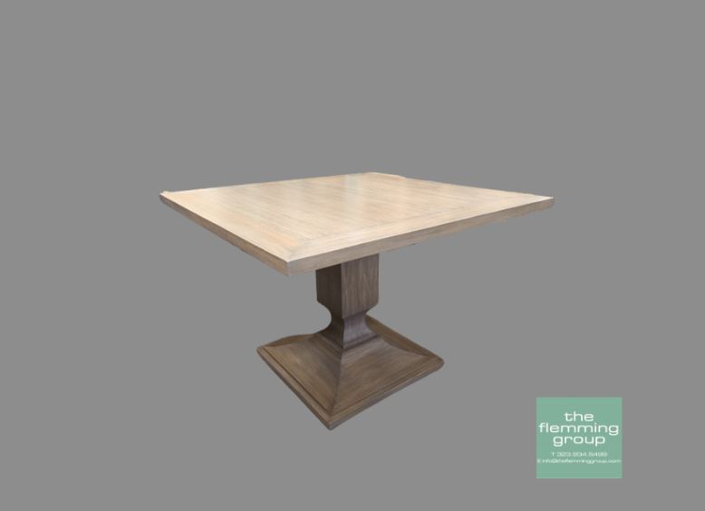 A square table with a wooden base and a gray background